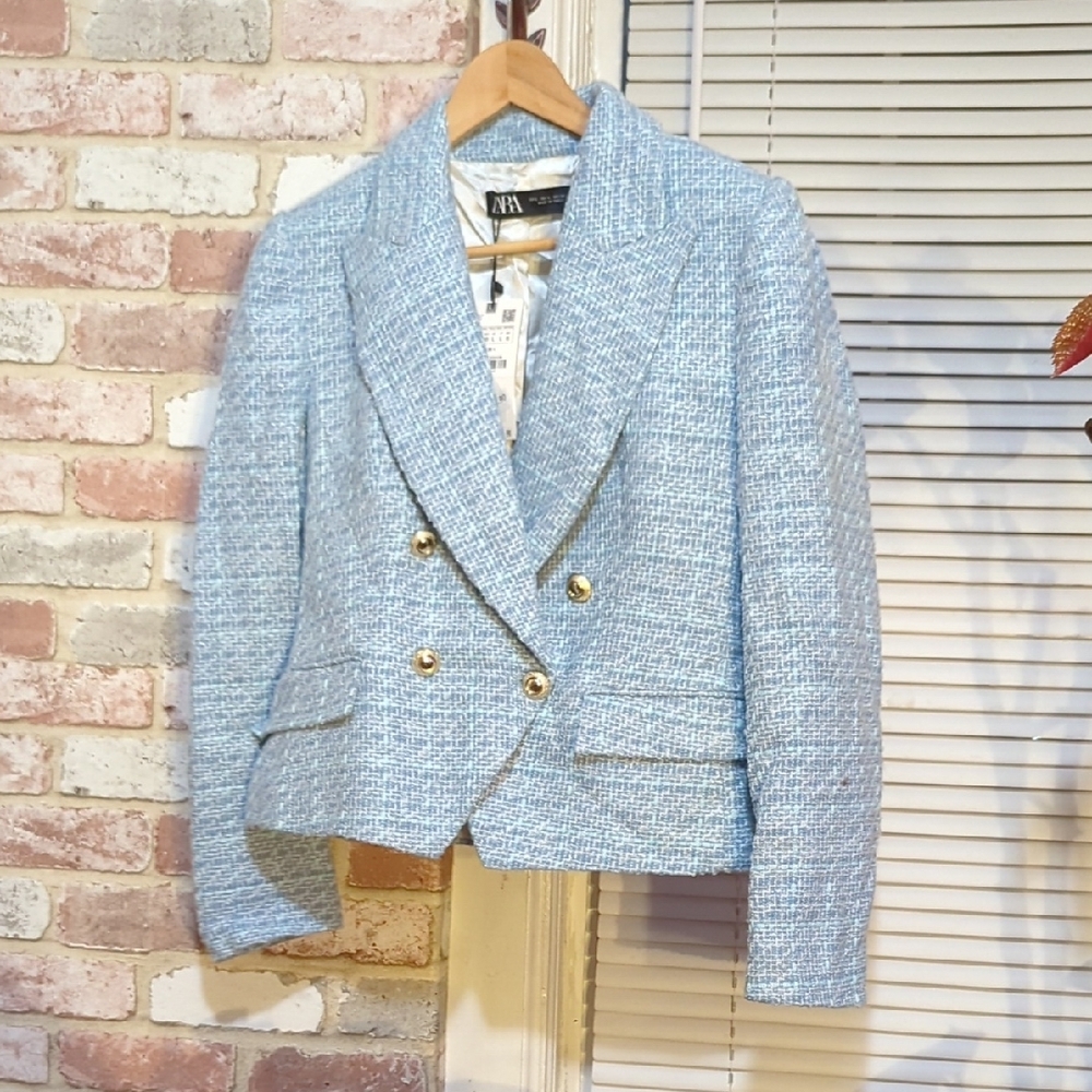 Blue Tweed Double-Breasted Blazer Zara